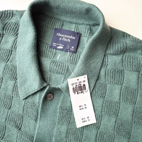 A&F Textural Button-Through Sweater Polo Shirt Size Medium Green New Relaxed Fit - Picture 5 of 7